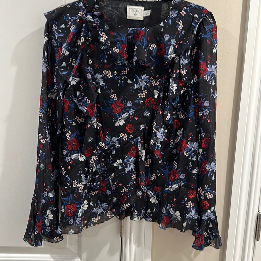 Erdem x H&M black floral 100% silk flounced top